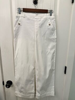 SPANX White Stretch Twill High Rise Wide Leg Cropped Pants Sz M Button Pocket